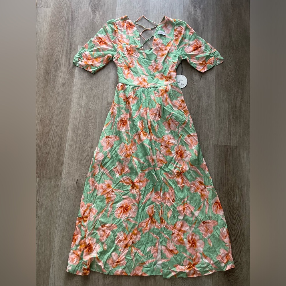 lost + wander pacifica mint green floral print lace up back maxi dress small NEW
